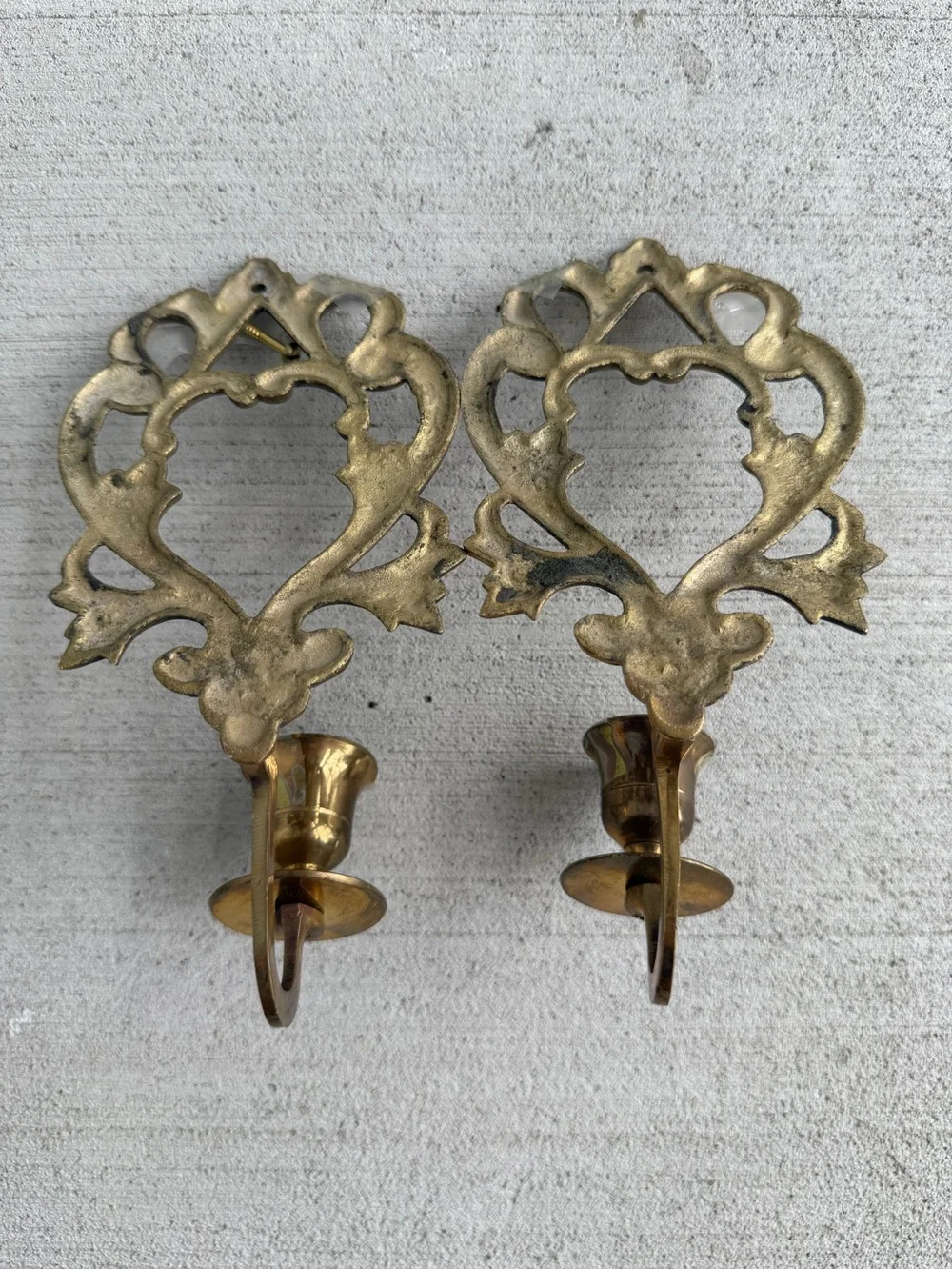 Vintage Brass Wall Candle Holders Pair Ornate Sconces 8.5” Hollywood Regency